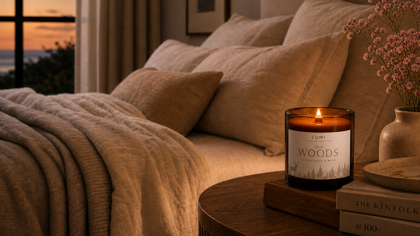 LUMI luxury scented candle lit in a cozy living room at sunset - Into the Woods sandalwood and musk fragrance
